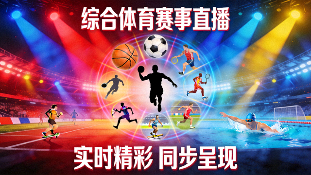 综合体育赛事直播间封面图，展示多项目竞技与赛场灯光效果